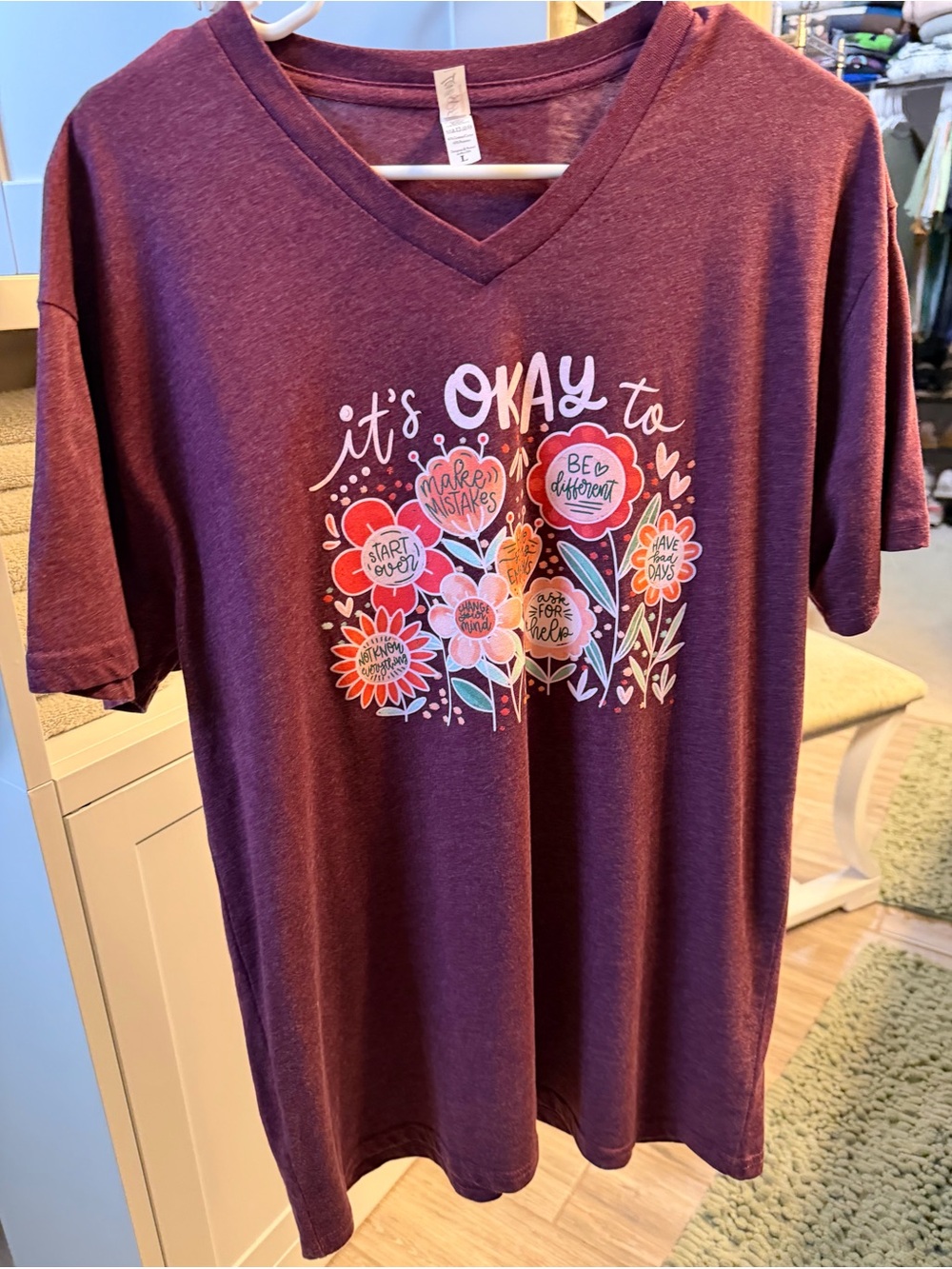 It’s Okay To Floral Graphic V‑Neck Tee - Plum